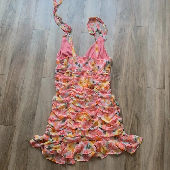 Lily Rose tie straps floral print rouched dress w ruffle S XL jrs - Picture 10 of 17